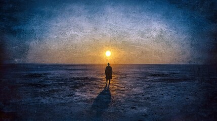 A lone adult walks across a vast, flat, barren landscape towards a bright, setting sun. The sky transitions from deep blue to warm orange hues. Dramatic lightin