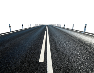 Asphalt road stretches forward with double white lines