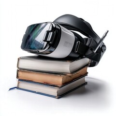Modern studio shot of a sleek VR headset resting on worn textbooks, highlighting the contrast between classic learning and emerging digital education.