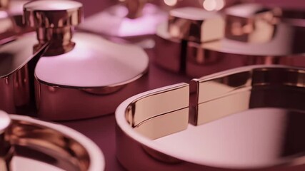 Close-up of elegant rose gold metallic luxury cosmetic packaging with reflective surfaces, showcasing modern beauty product containers on a soft pink background. - Powered by Adobe