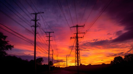 Electricity pylons and power lines march across a vibrant sunset sky.