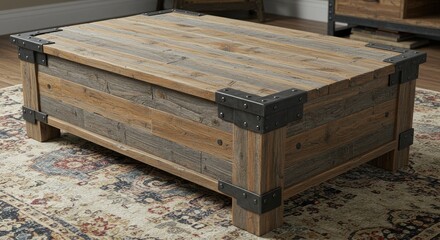 Rustic charm with this reclaimed wood coffee table featuring sturdy metal accents perfect for a cozy living room or farmhouse-style home decor, adding warmth and character