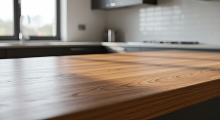 Beautiful wood countertop with modern kitchen backdrop creates a clean, contemporary aesthetic for your design projects, ideal for showcasing products or adding warmth