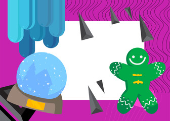 Snow Globe and Gingerbread Man Christmas Cookie geometrical graphic retro theme background. Minimal geometric elements. Vintage abstract shapes vector illustration.