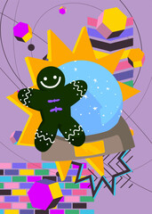 Snow Globe and Gingerbread Man Christmas Cookie geometrical graphic retro theme background. Minimal geometric elements. Vintage abstract shapes vector illustration.