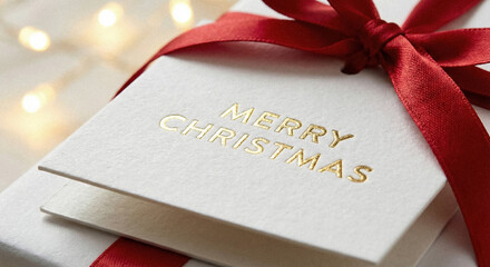 Gift tag with gold embossed Merry Christmas text on present