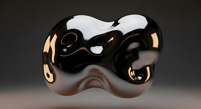 Futuristic abstract 3D render of a dynamic and fluid organic form, featuring a glossy liquid chrome and gold metallic sculpture on a dark background