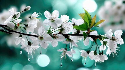A close-up shot of a branch of white cherry blossoms, adorned with glistening water droplets, set against a soft, out-of-focus teal and white bokeh background.