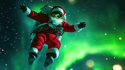 Santa claus, in an astronaut suit, floats against a vibrant green aurora borealis and sparkling bokeh lights, blending holiday cheer with cosmic wonder
