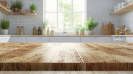 Clean empty table surface ready for product display. Bright natural light. Home kitchen background.
