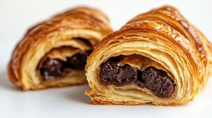 Chocolate-filled croissant cut in half showing layers. Bright soft light. Minimal white background.