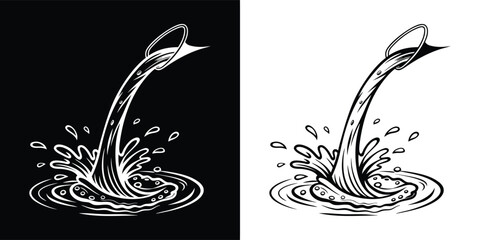 Obraz premium Liquid pouring from a tilted container creating a splash, artistic representation of flow and movement, black and white sketch