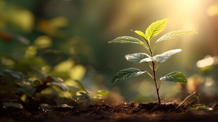 Young seedling emerges from rich soil bathed in bright sunlight