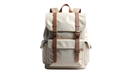 Beige backpack with leather straps and buckles, isolated against a black background