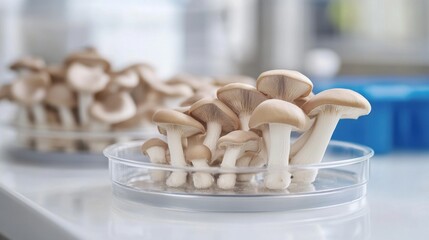 Medical mushroom samples placed in glass petri dish on lab table. Soft daylight. Scientific laboratory background.