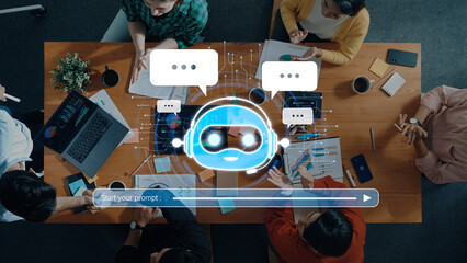 A diverse business team engages in a collaborative meeting, leveraging artificial intelligence with chat interfaces to discuss innovative ideas and strategies. Trope