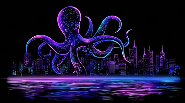 Cyberpunk Octopus Gliding Above Neon Cityscape at Night in a Mesmerizing Urban Environment