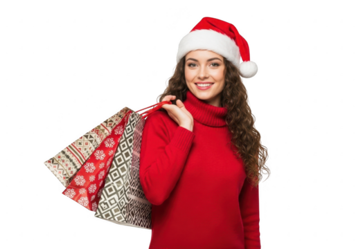 Woman in santa hat holding shopping bags isolated on transparent background - Powered by Adobe