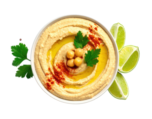 Hummus bowl, garnished with chickpeas, oil, and lime