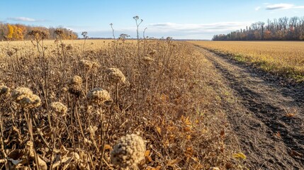 Withered plants on drought-stricken farmland. Bright daylight. Rural field background.