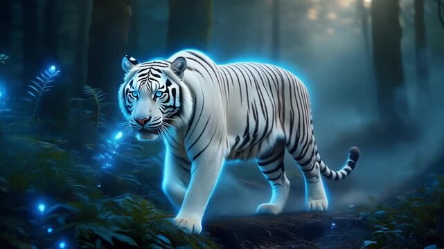 Cinematic White Tiger with blue aura walking in calm forest &ndash; Ultra realistic wildlife