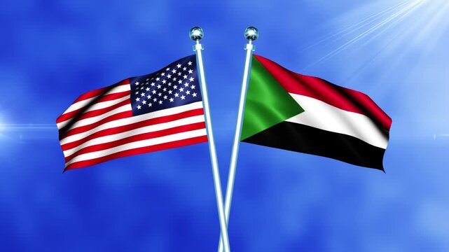 USA and Sudan Flag Waving On Pole Loop