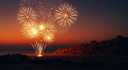 Spectacular Fireworks Display Over a Coastal Landscape at Dusk.