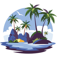 Tropical Island Paradise With Palm Trees Jagged Rocks Calm Water Under A Cloudy Blue Sky And A Flying Bird In This Digital Illustration