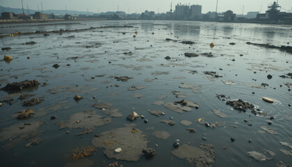 Pollution cleanup efforts riverbank environmental action urban area aerial view water quality restoration