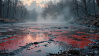 Eerie misty sunset over blood-red river forested landscape nature photography serene atmosphere tranquil viewpoint