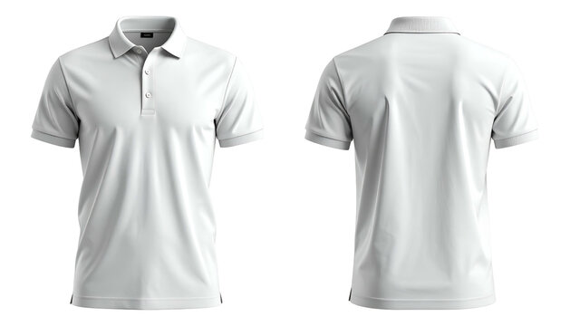 Front and back views of a plain white collared polo shirt, isolated on a black background (1)