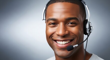 Smiling Man Wearing Headset and Microphone.