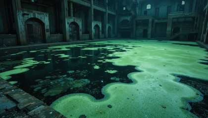 Exploring an abandoned industrial site with algae-covered pool urban decay photography mysterious atmosphere