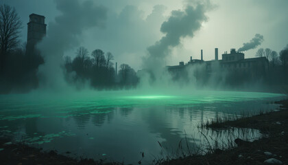 Mysterious green fog over industrial lake abandoned factory atmospheric landscape twilight surrealism