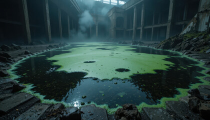 Exploring abandoned industrial site with toxic algae pond urban decay environmental impact atmospheric perspective