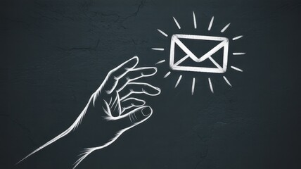 Email Concept: An artistic depiction features a hand reaching towards an illuminated email symbol, symbolizing digital communication, messaging, and connection.