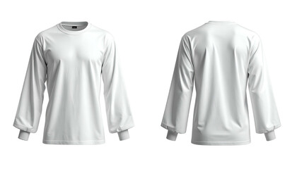 Front and back view of a plain white long-sleeved shirt with elastic cuffs