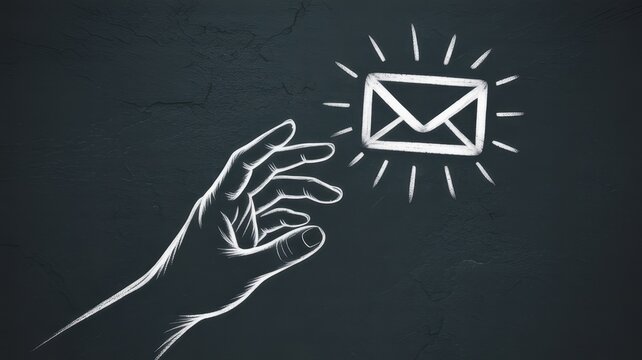 Email Concept: An artistic depiction features a hand reaching towards an illuminated email symbol, symbolizing digital communication, messaging, and connection.
