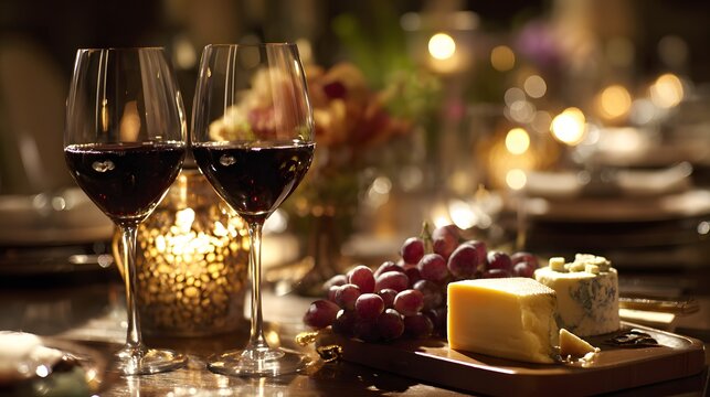 Elegant table setting features two glasses of deep red wine paired with grapes and artisan cheese under warm ambient light - Powered by Adobe