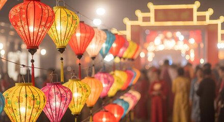 Vibrant lanterns illuminate Lunar New Year celebrations bringing joy and cultural richness to the festive atmosphere in a bustling Asian street market