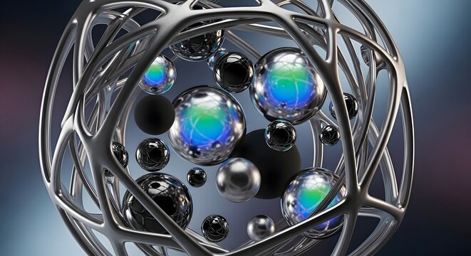A futuristic composition of iridescent spheres suspended within a complex metallic lattice, symbolizing advanced technology and data processing