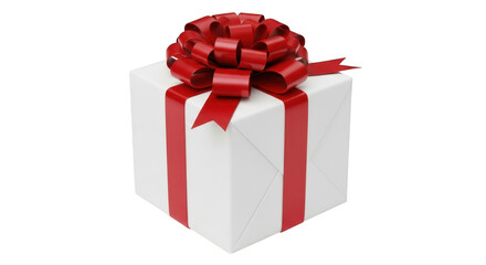 White gift box with red ribbon and bow isolated on transparent background