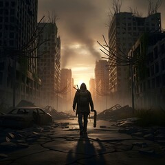 Fototapeta premium A lone survivor walks through a ruined city after an apocalyptic event has occurred