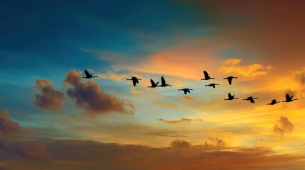 Obraz premium A flock of geese flying in a vibrant sunset sky with dramatic clouds and a warm, golden hue.