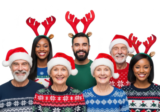 Group of people wearing christmas hats and reindeer antlers isolated on transparent background