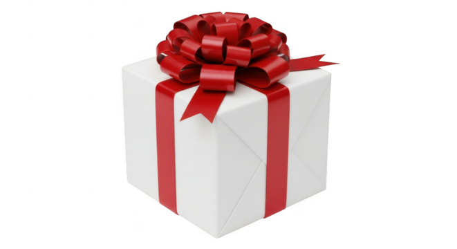 White gift box with red ribbon and bow isolated on transparent background - Powered by Adobe