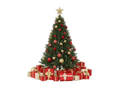 Decorated christmas tree with gifts isolated on transparent background