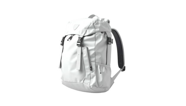 White, outdoor backpack with multiple compartments, buckles, and adjustable straps