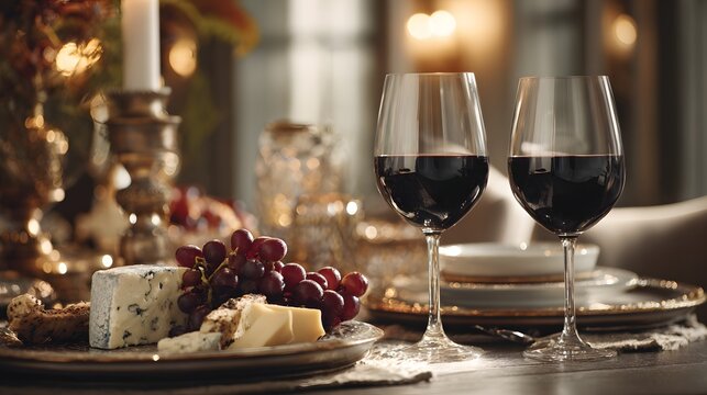 Two glasses of dark red wine accompany a platter of cheese and grapes on a formally set table