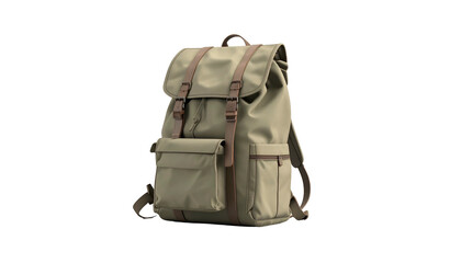 Olive green backpack with brown straps and pockets on a black background, 3D render